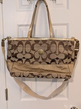 Coach Signature Canvas Diaper Bag Tote in Brown and Gold